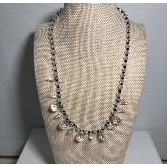 Crystal & Black Bead Necklace With Brass Clasp Vintage 16" - Picture 1 of 8